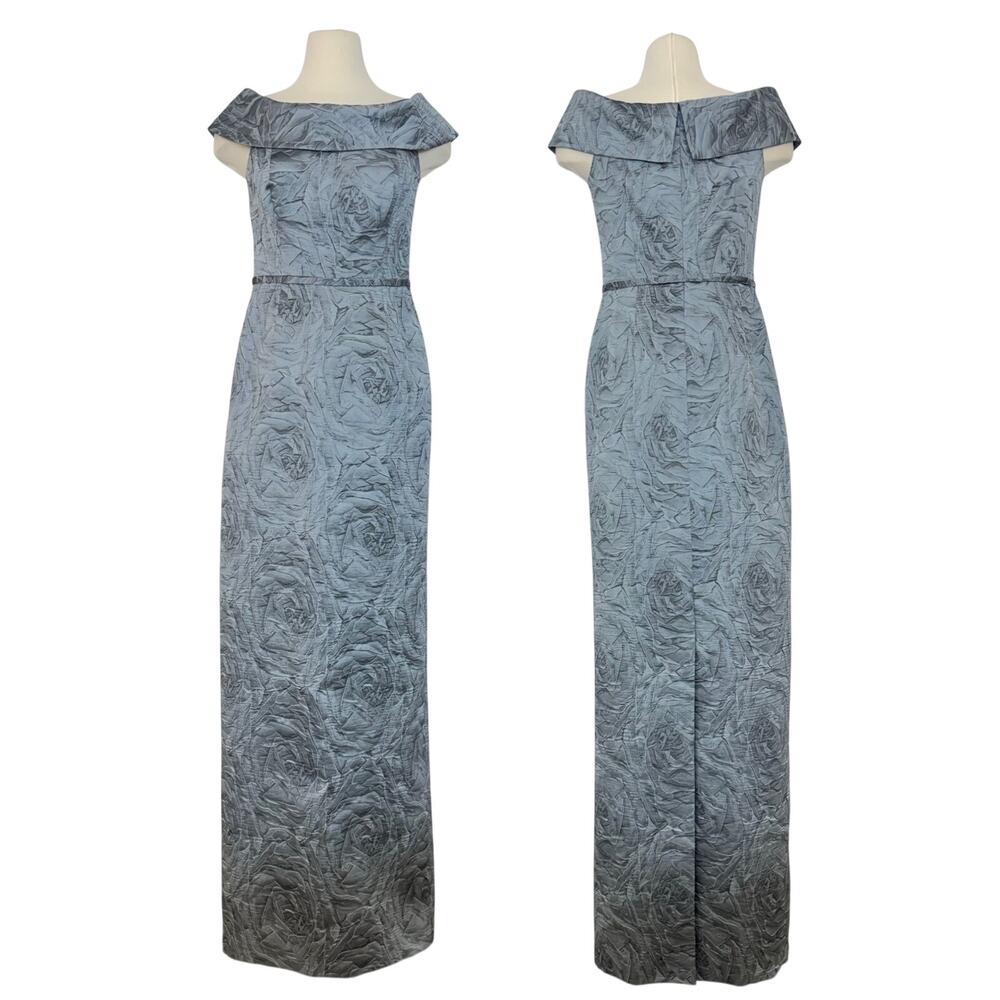 Teri Jon Rickie Freeman Off-Shoulder Jacquard Column Evening Gown in Slate 6